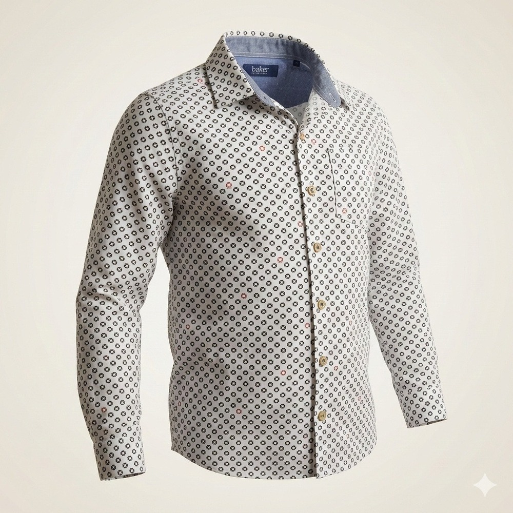 Baker by Ted Baker Button Down‎ Boys Size 8 White Nautical Print Long Sleeve